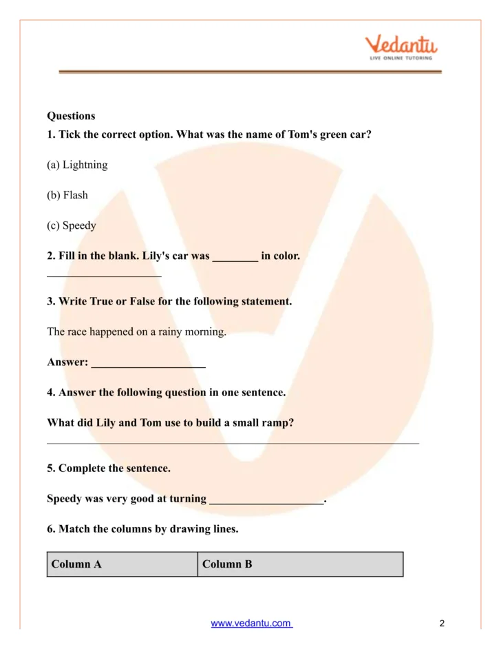 Race Car Reading Comprehension Worksheet