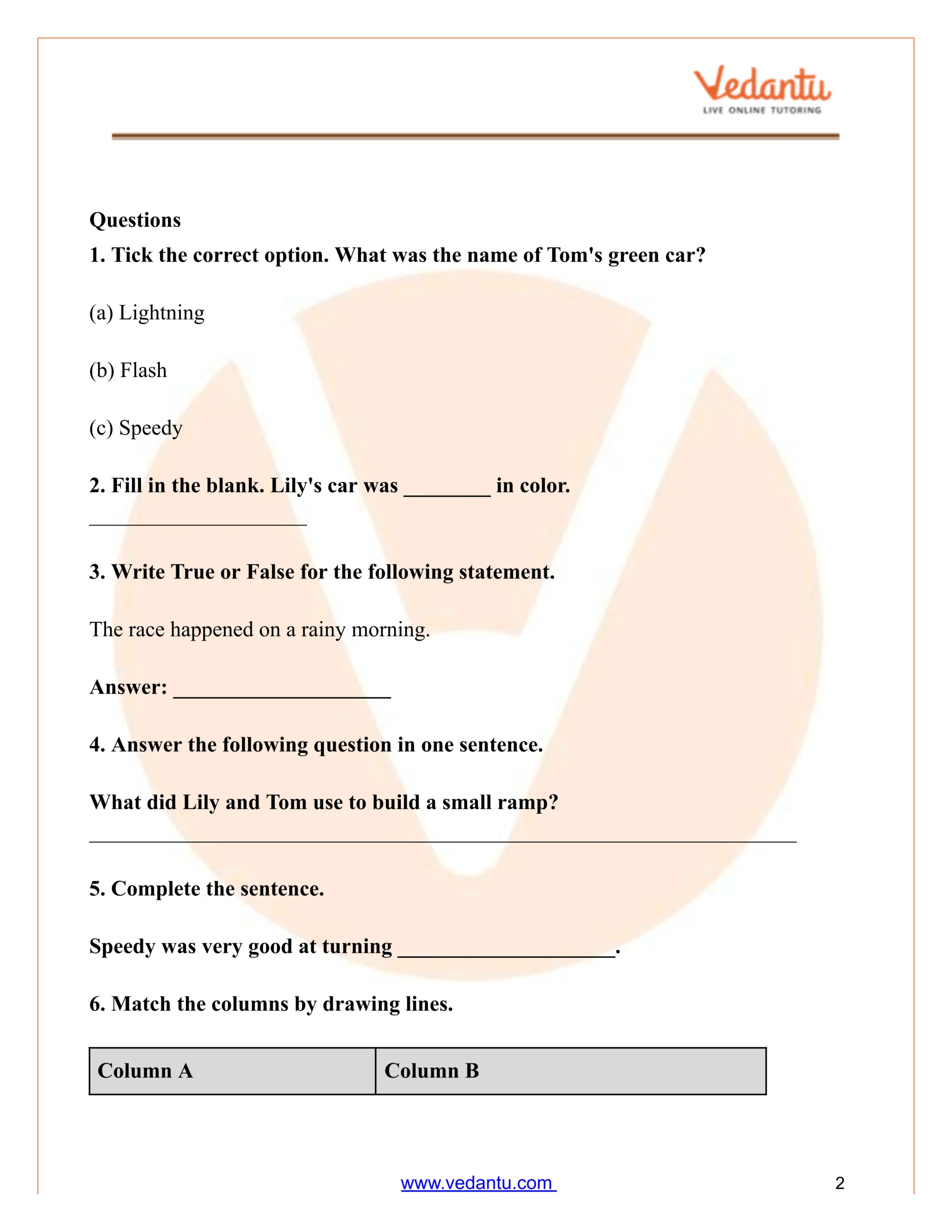 Class 2 Reading Comprehension Worksheet: Race Car Story Pdf with regard to Race Car Reading Comprehension Worksheet