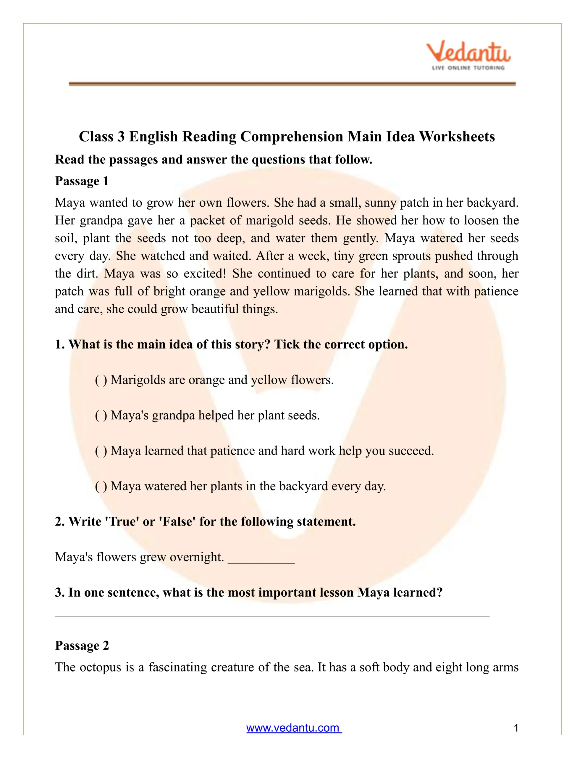 Class 3 Reading Comprehension Main Idea Worksheet Pdf pertaining to Reading Comprehension Worksheets Main Idea