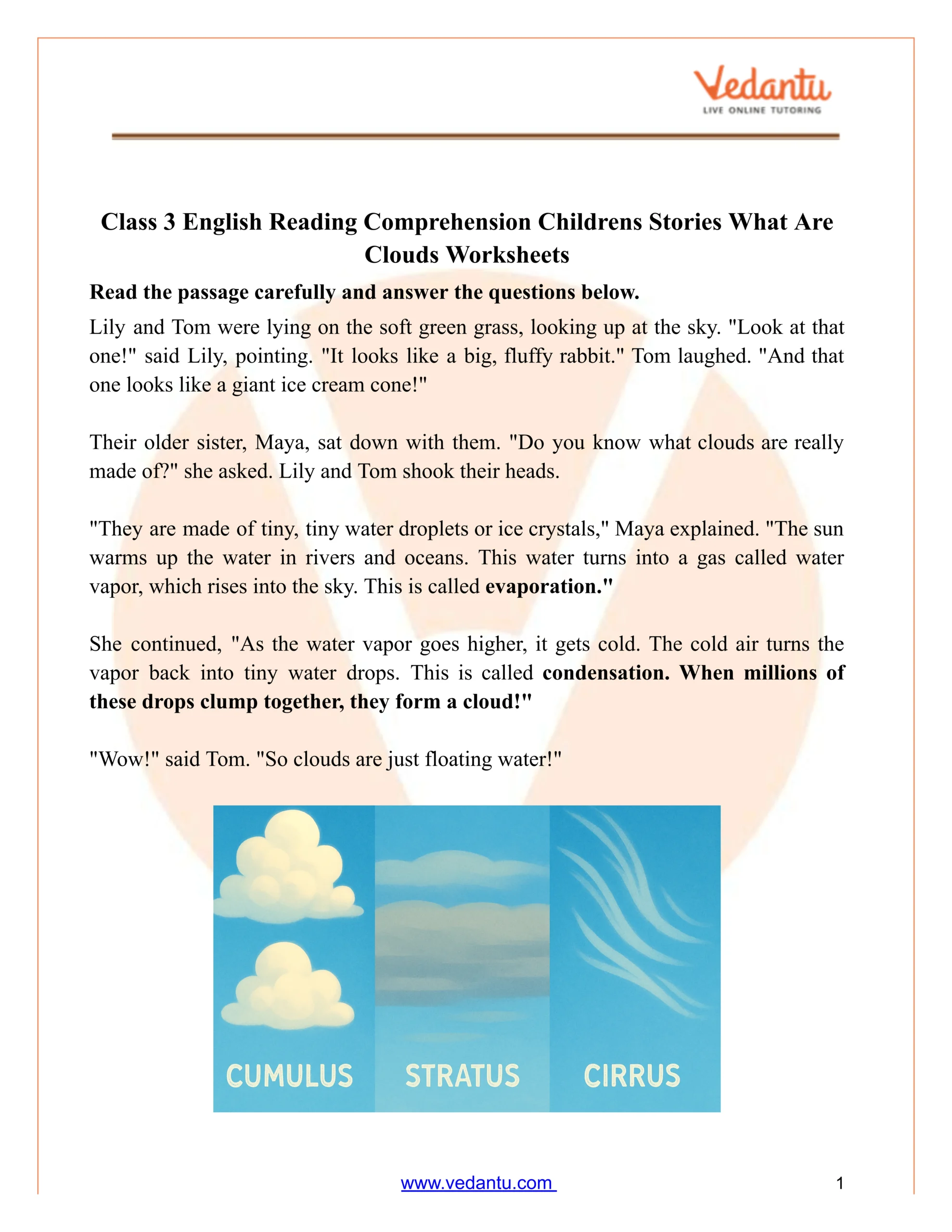 Class 3 Reading Comprehension Worksheet: What Are Clouds? inside Clouds Reading Comprehension Worksheet