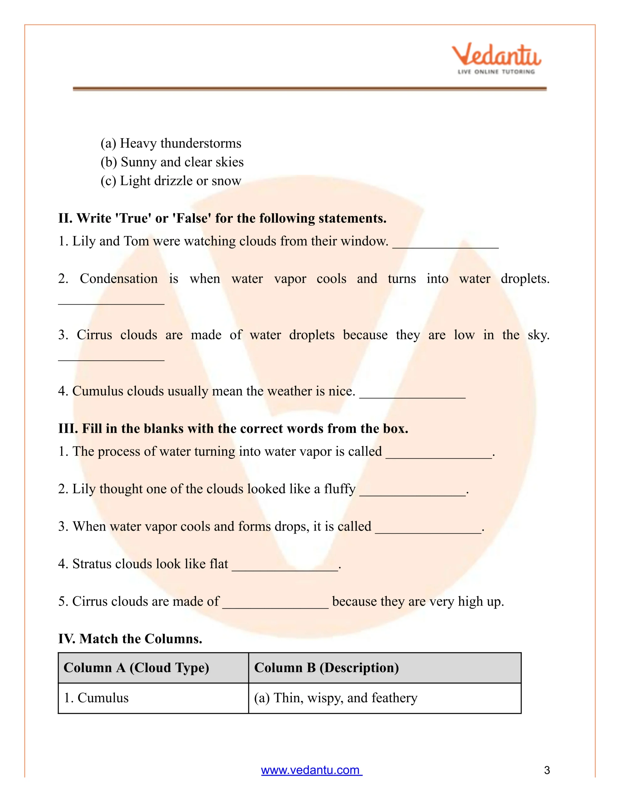 Class 3 Reading Comprehension Worksheet: What Are Clouds? within Clouds Reading Comprehension Worksheet