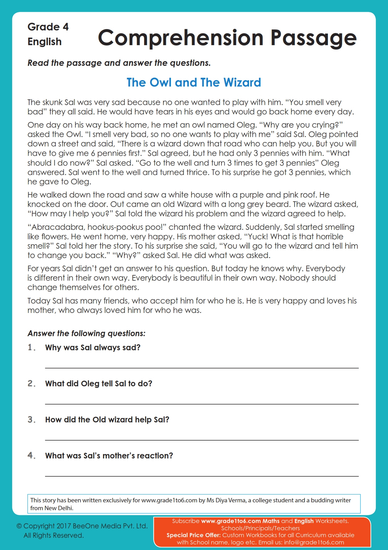 Class 4 Comprehension Passage | Grade1To6 pertaining to Reading Comprehension Worksheet Class 4