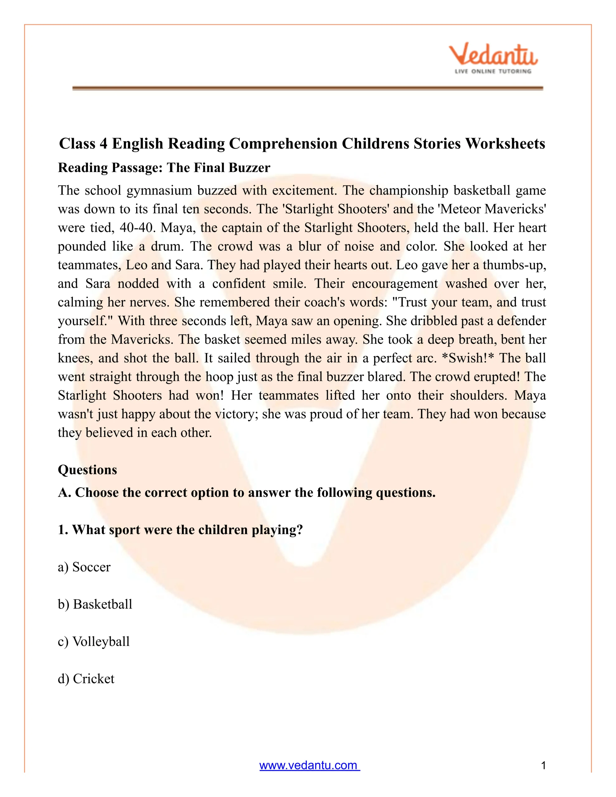 Class 4 Reading Comprehension Worksheet: Luke, Jay & Zach'S Game within Live Worksheet Reading Comprehension Grade 4