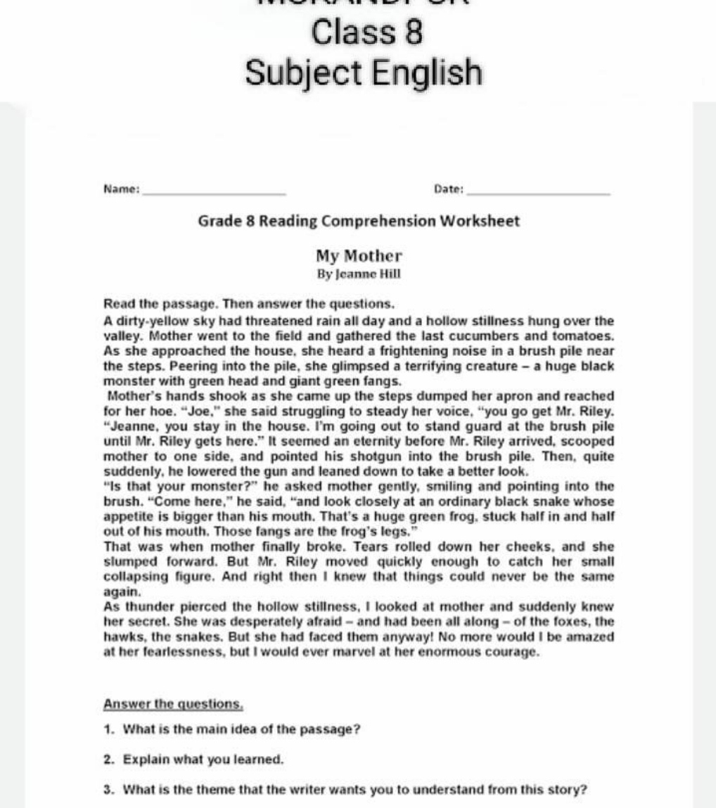 Class 8 Subject English Name: Qquad Date: Qquad Grade 8 Reading intended for Reading Comprehension Worksheet For Grade 8