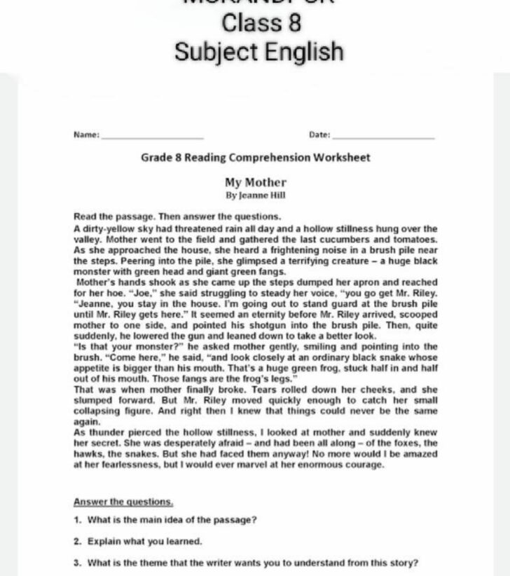 Reading Comprehension Worksheet Grade 8 Reading Comprehension Worksheet Grade 8