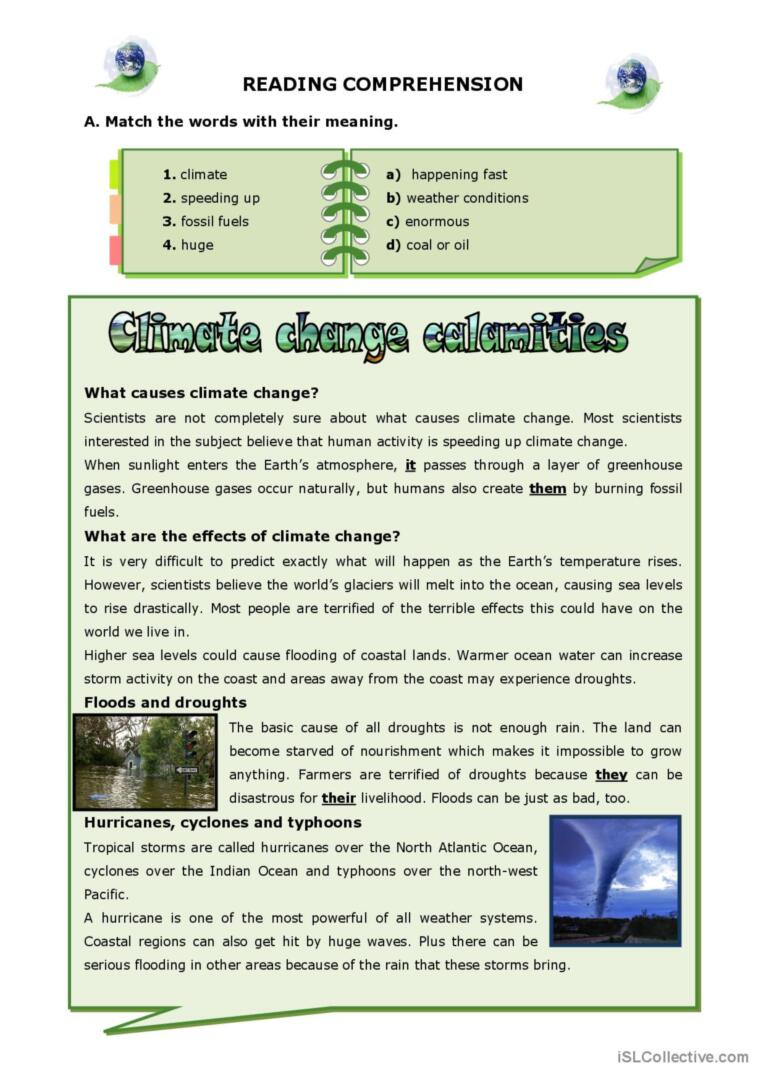 Climate Change Calamities Reading Fo…: English Esl Worksheets Pdf throughout Severe Weather Reading Comprehension Worksheets