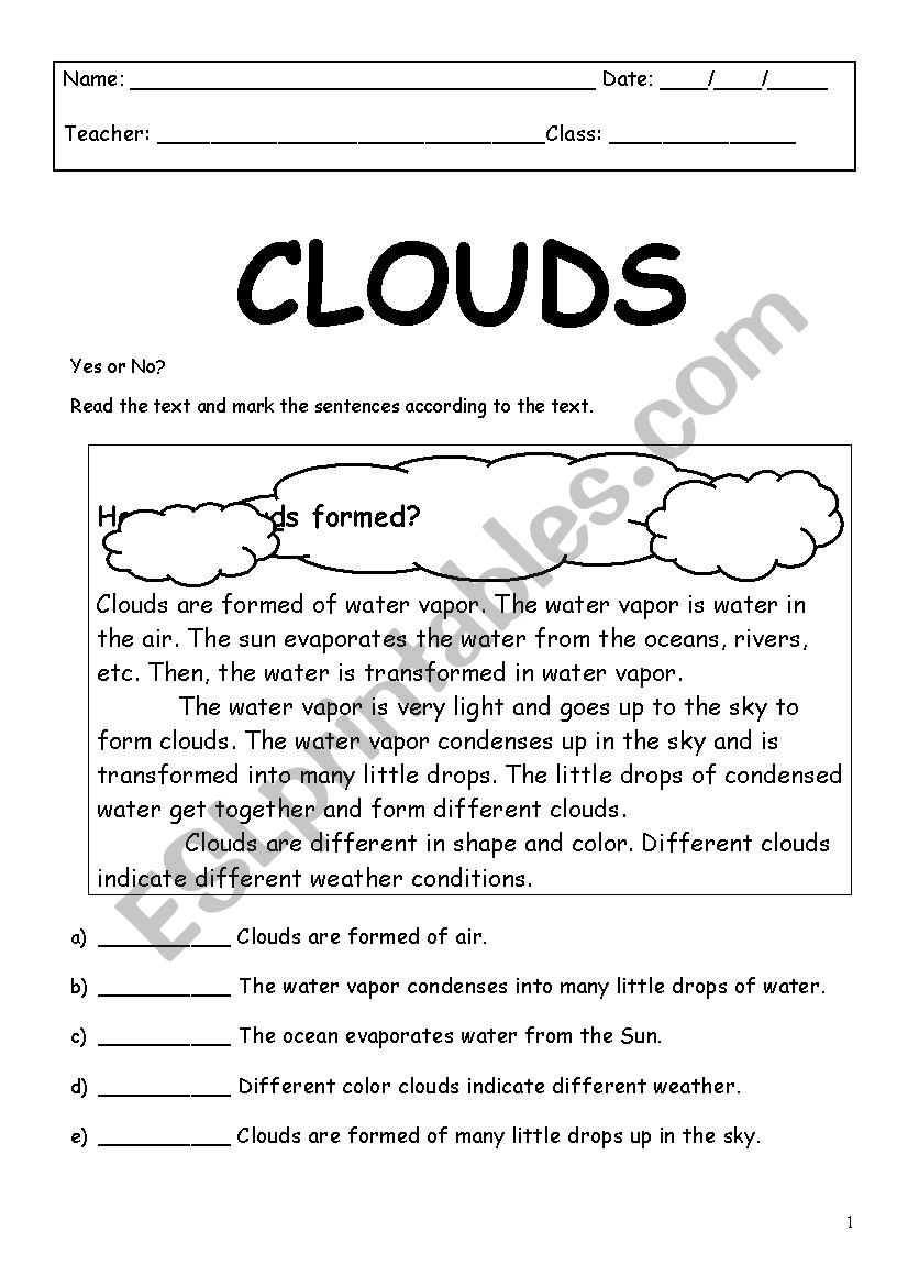 Clouds - Esl Worksheetgardhenia in Clouds Reading Comprehension Worksheet