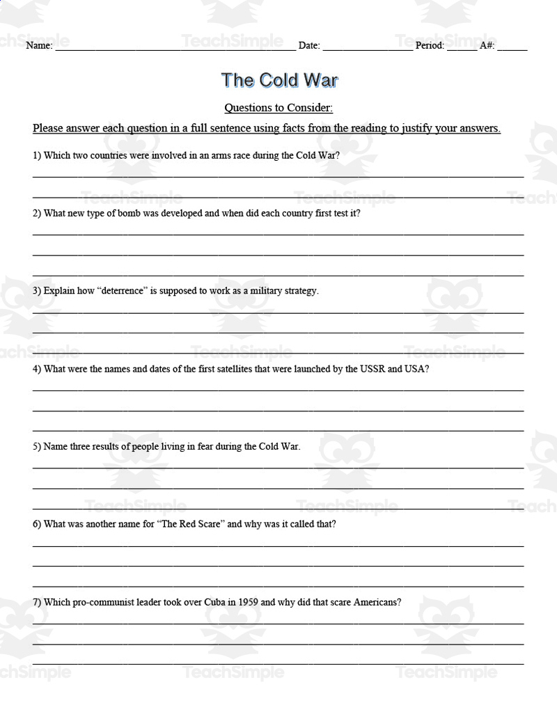 Cold War Summary | Comprehension Questions with regard to Cold War Reading Comprehension Worksheet