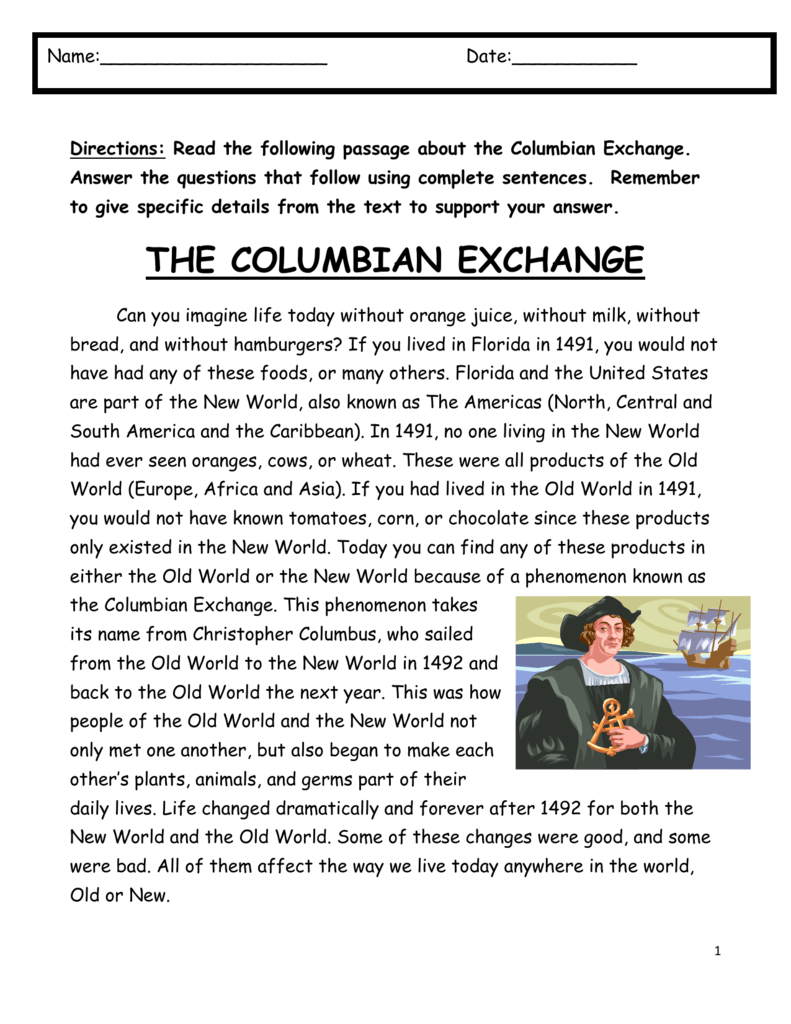 Columbian Exchange: Impact On Old &amp;amp; New Worlds Worksheet in Columbian Exchange Reading Comprehension Worksheets