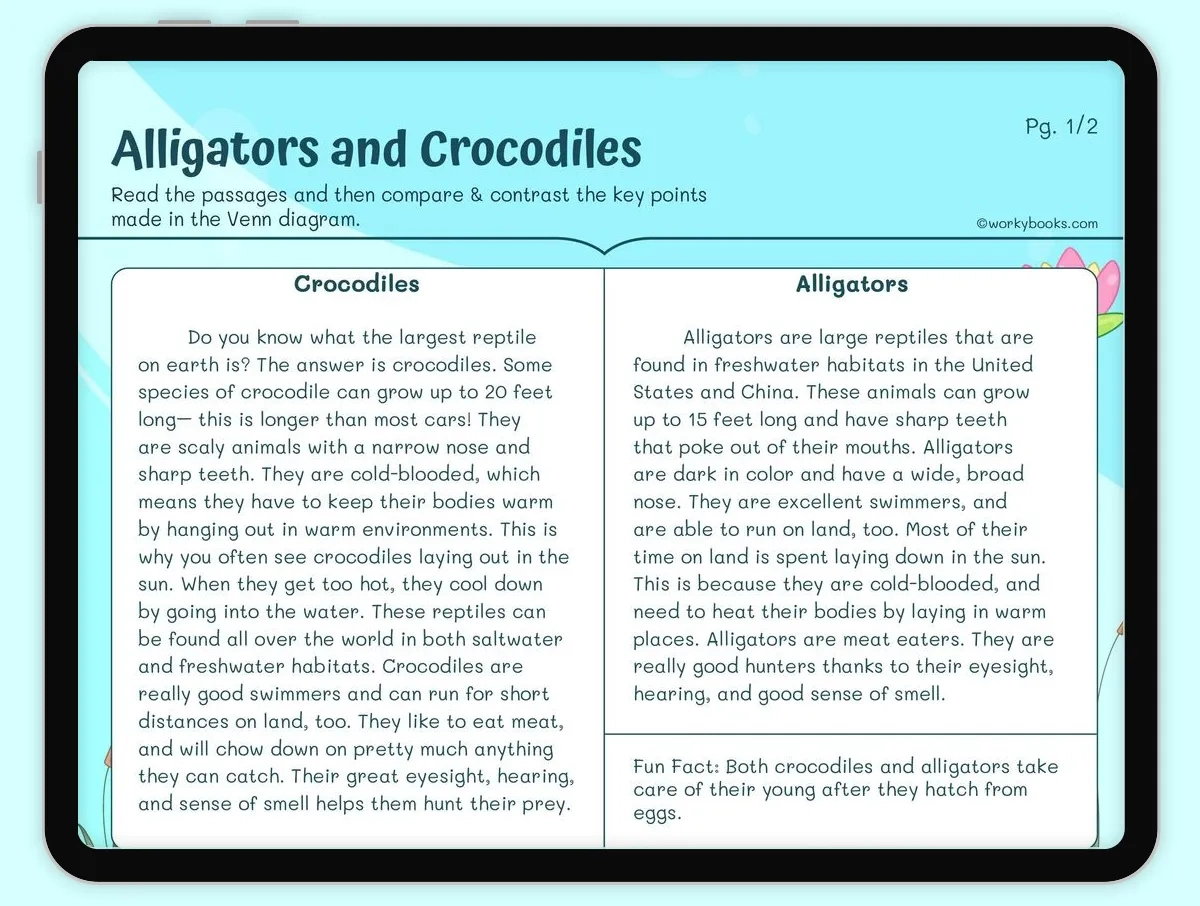 Compare And Contrast Crocodiles &amp;amp; Alligators Worksheet | Rf.2.4,Rf with Comparison Reading Comprehension Worksheets