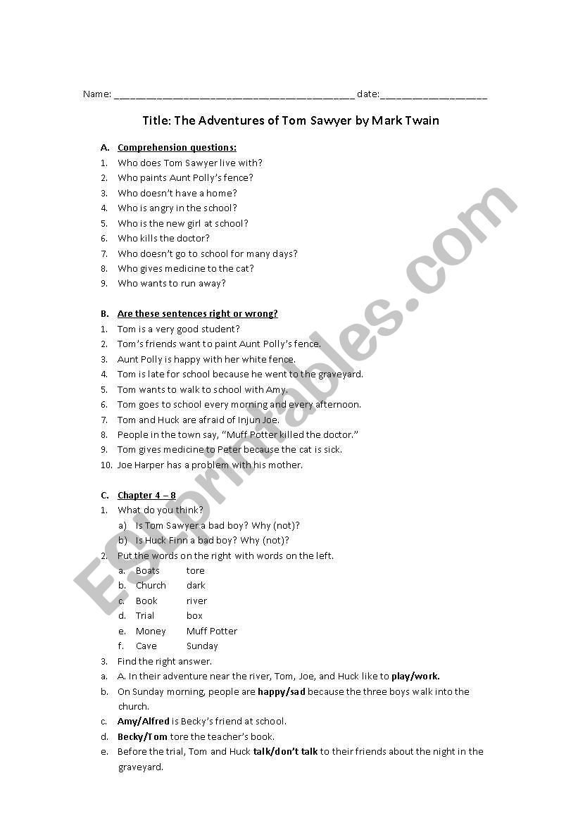 Comprehension Exercises For The Adventures Of Tom Sawyermark within Reading Comprehension Worksheet the Adventures of Tom Sawyer
