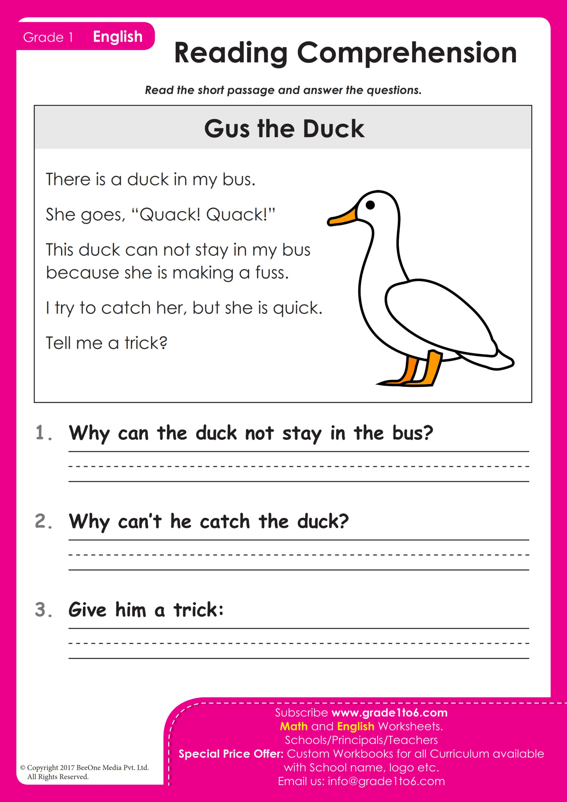 Comprehension For Class 1 | Grade1To6 regarding Worksheet on Reading Comprehension Std 1