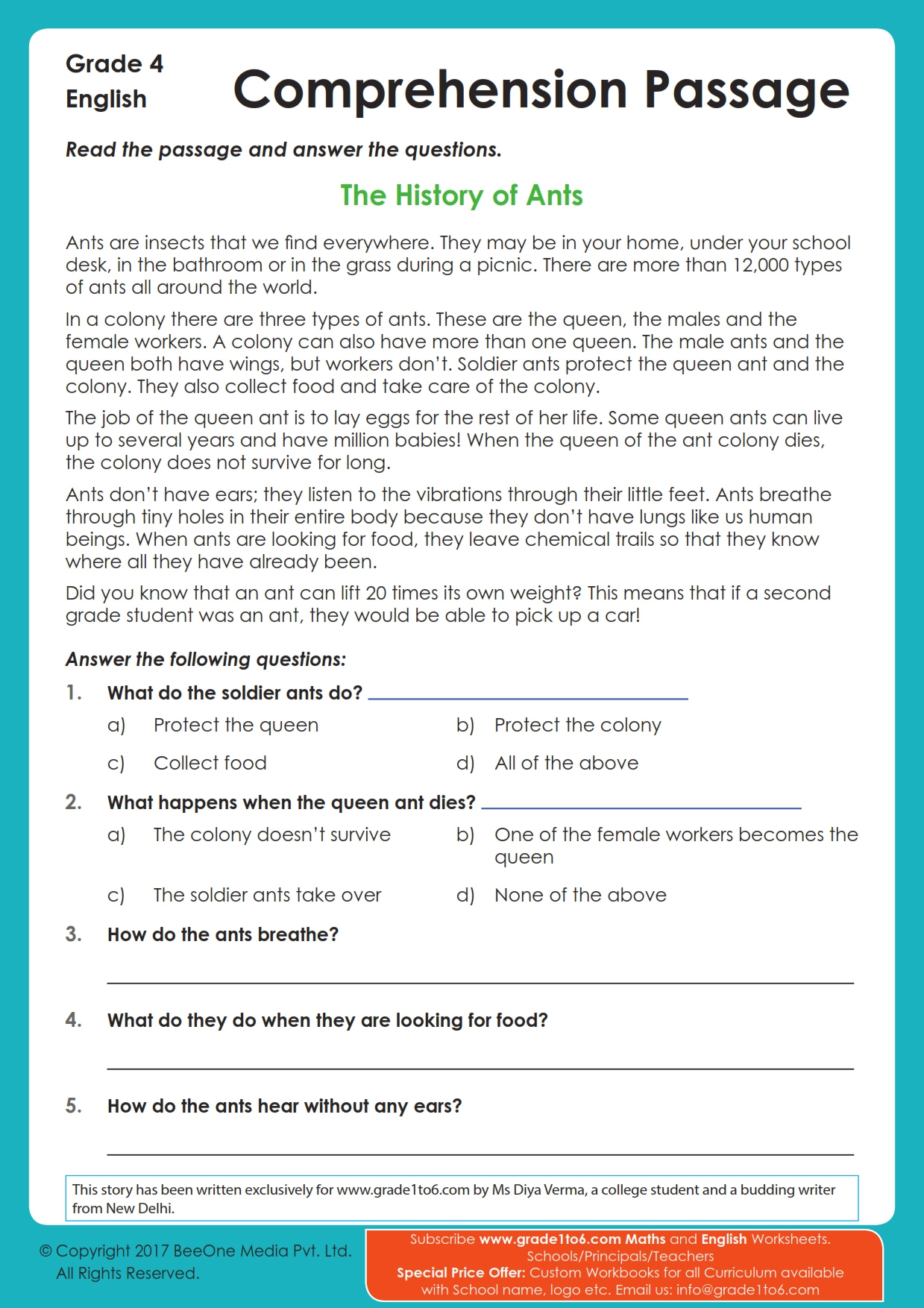 Comprehension Passage For Grade 4 | Grade1To6 within Grade 4 Reading Comprehension Passages Worksheets