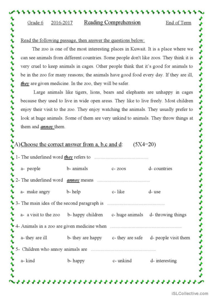 6th Reading Comprehension Worksheets
