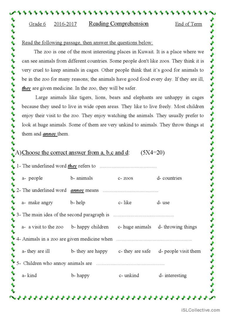 Comprehension Passage For Grade 6 Ge…: English Esl Worksheets Pdf inside Reading Comprehension Worksheets With Paragraphs For 6Th Grade