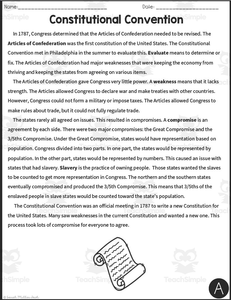 Constitutional Convention Reading Packetteach Simple with regard to Constitution Reading Comprehension Worksheet