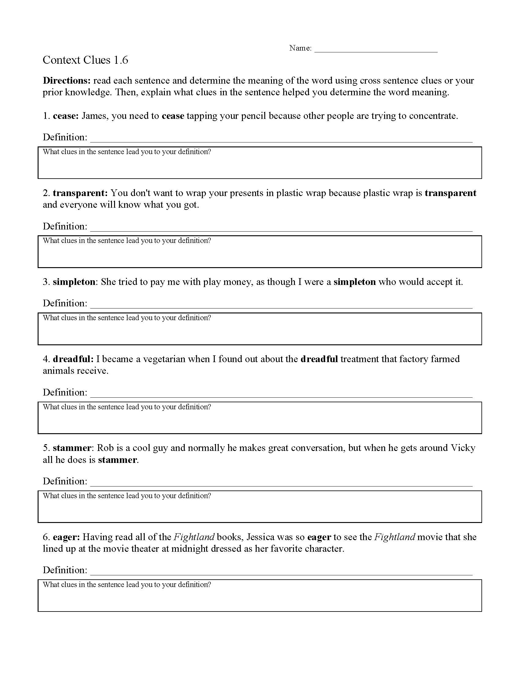 Context Clues Worksheet 1.6 | Reading Activity with regard to Context Clues Reading Comprehension Worksheet