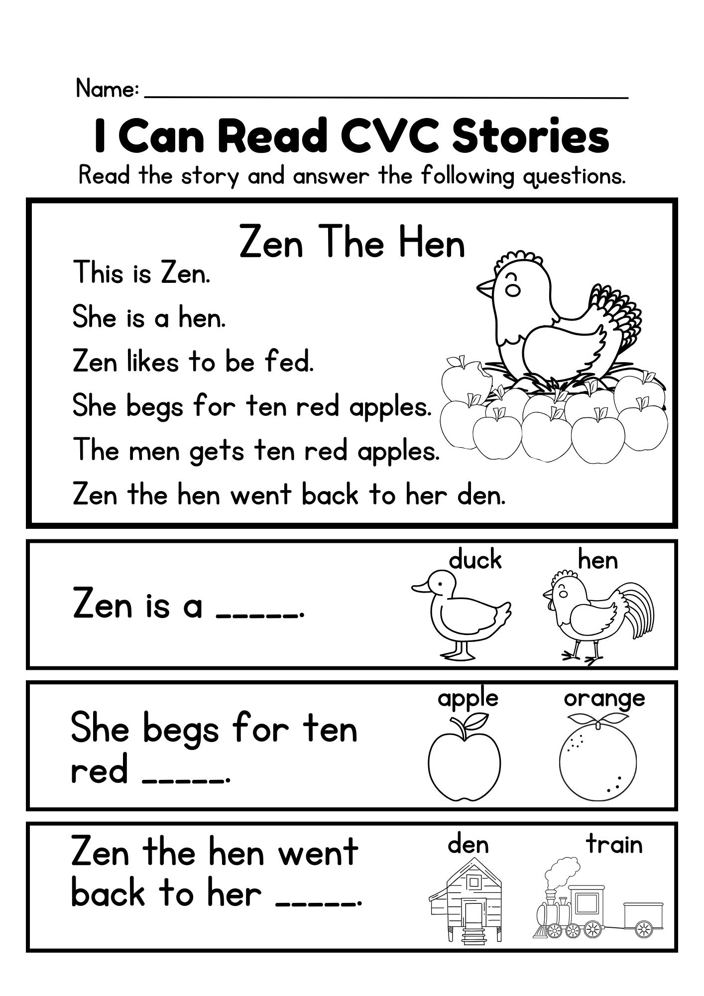 Cvc Reading Comprehension For Kindergarten - Mobotoy for Story Cvc Reading Comprehension Worksheets