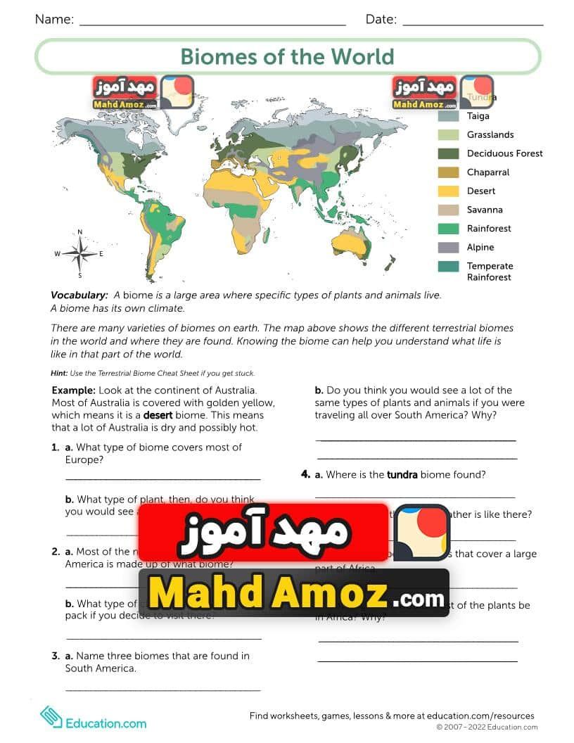 کاربرگ Biomes Of The World — مهدآموز pertaining to Biomes Of The World Reading Comprehension Worksheets