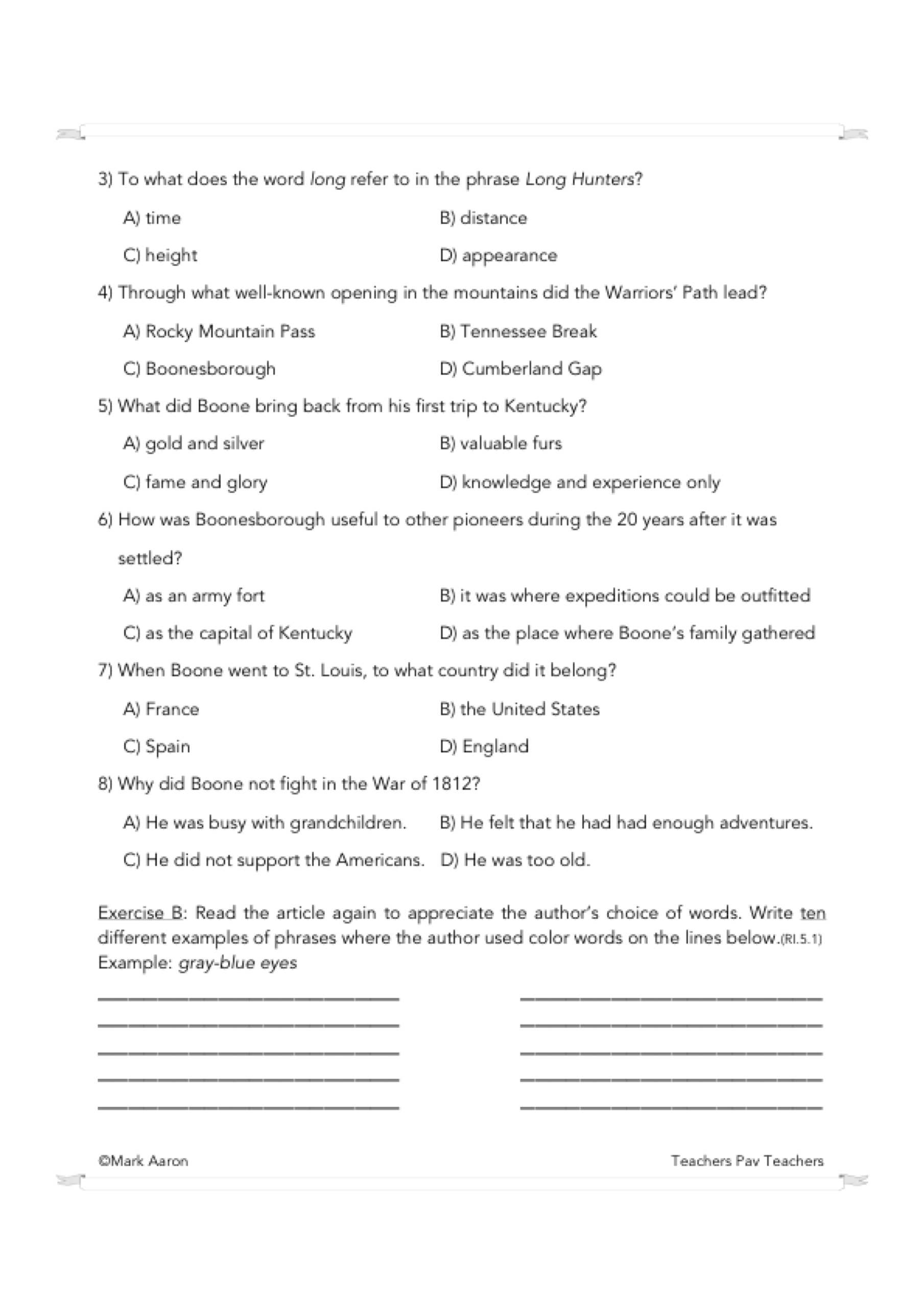Daniel Boone, Pioneer- Reading Comprehension Passage And regarding Pioneer Story Comprehension Worksheets