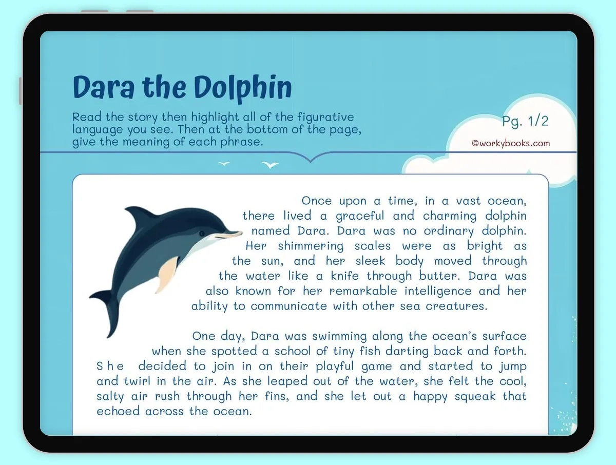 Dara The Dolphin Worksheet | Rl.5.4 | Workybooks - For Teachers pertaining to Dolphin Reading Comprehension Worksheets