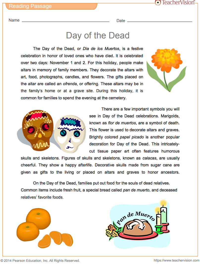 Day Of The Dead/ El Dio De Los Muertes. within Free Day of the Dead Reading Comprehension Worksheets