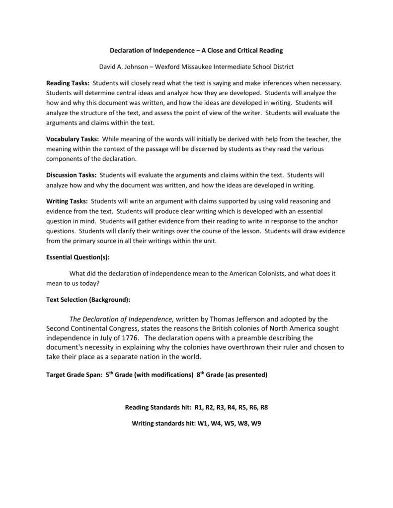 Declaration Of Independence Lesson Plan (Grades 5-8) with Grade 6 Reading Comprehension Worksheets Jefferson School District