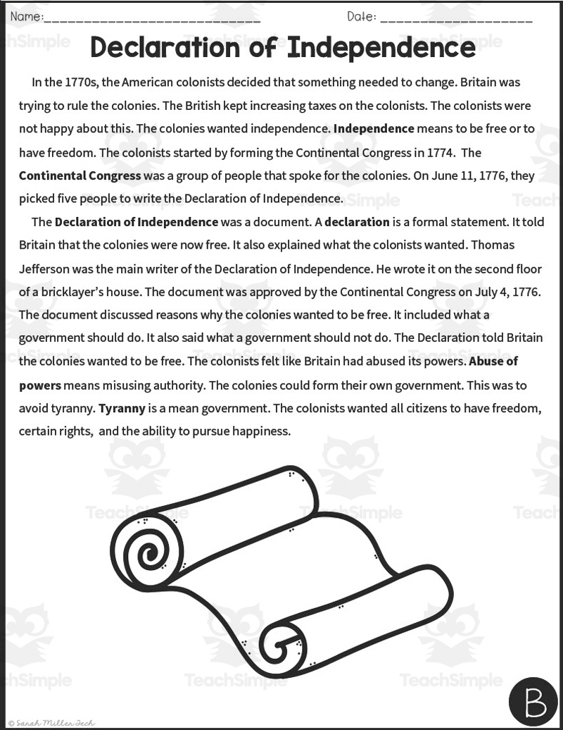 Declaration Of Independence Reading Packet + Distance Learning in Declaration of Independence Reading Comprehension Worksheets