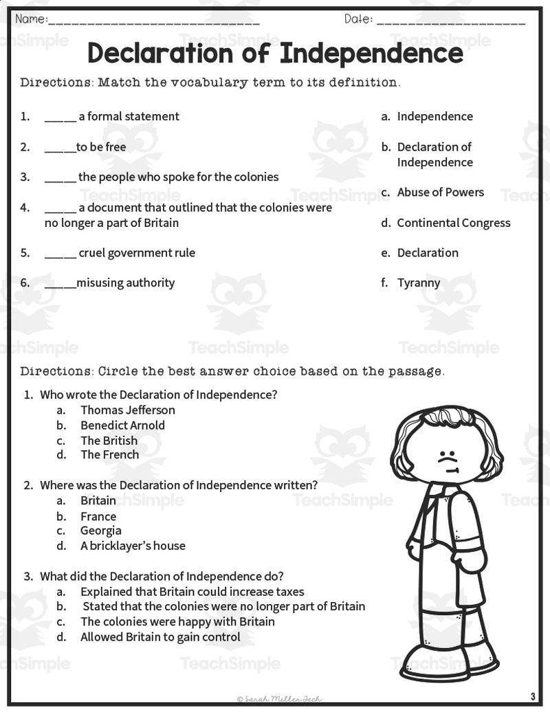 Declaration Of Independence Reading Packet + Distance Learning intended for Declaration Of Independence Reading Comprehension Worksheets