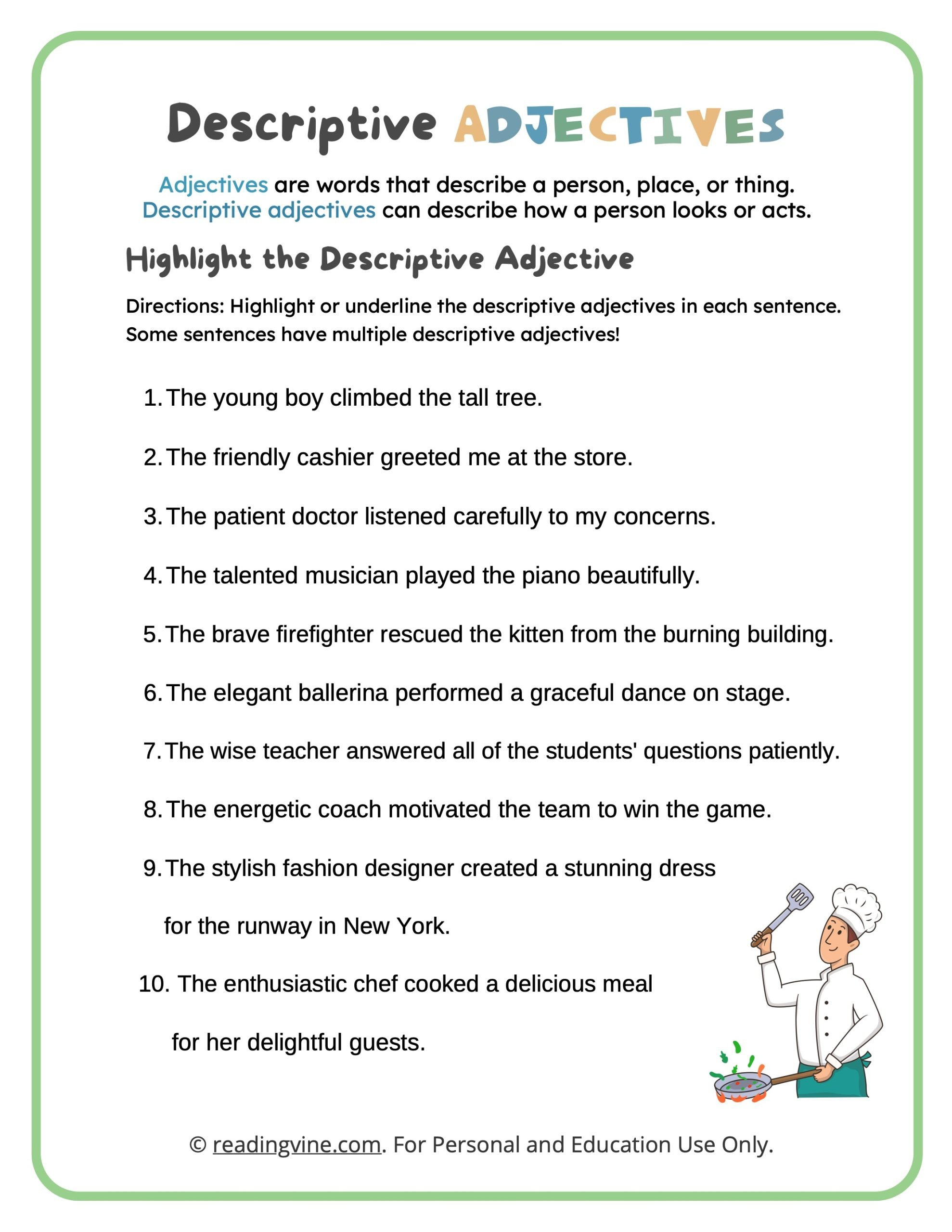 Descriptive Adjectives Worksheets - Readingvine pertaining to Descriptive Story Comprehension Worksheets