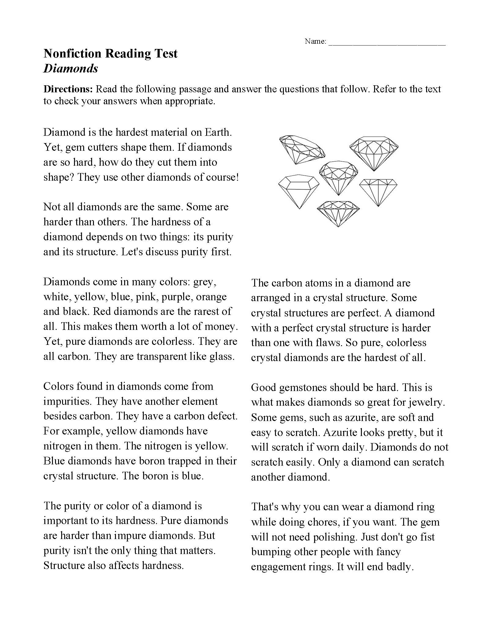 Diamonds | Nonfiction Reading Activity within Non Fiction Reading Comprehension Worksheet