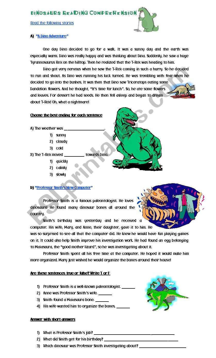 Dinosaurs Reading Comprehension - Esl Worksheetcyn. with Free Dinosaur Reading Comprehension Worksheets
