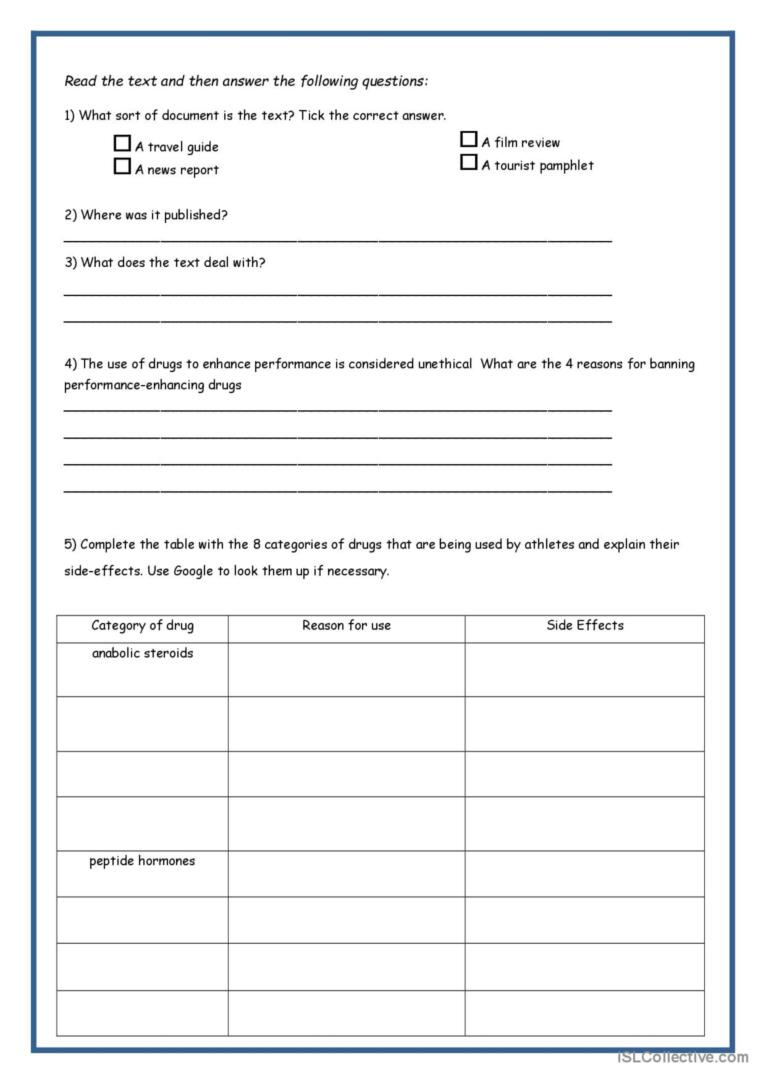 Doping In Sport Reading For Detail (…: English Esl Worksheets Pdf with regard to Doping Reading Comprehension Worksheet