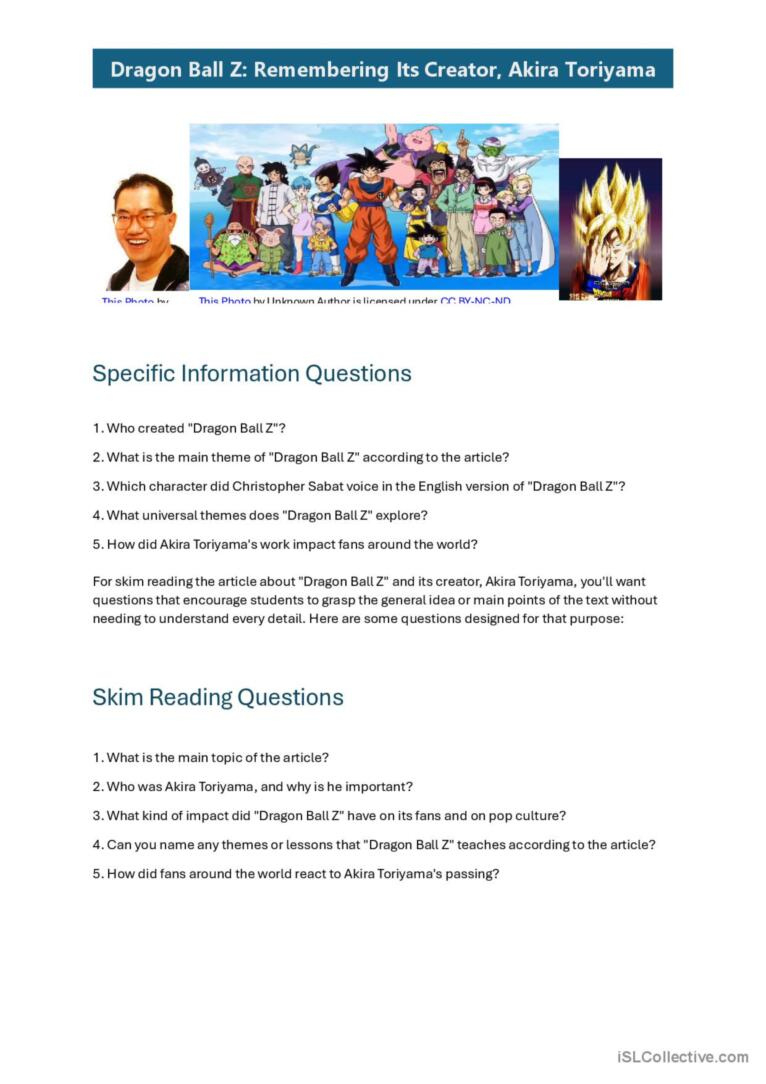 Dragon Ball Z: Honoring Its Creator,…: English Esl Worksheets Pdf in Dragon Ball Z Reading Comprehension Worksheet