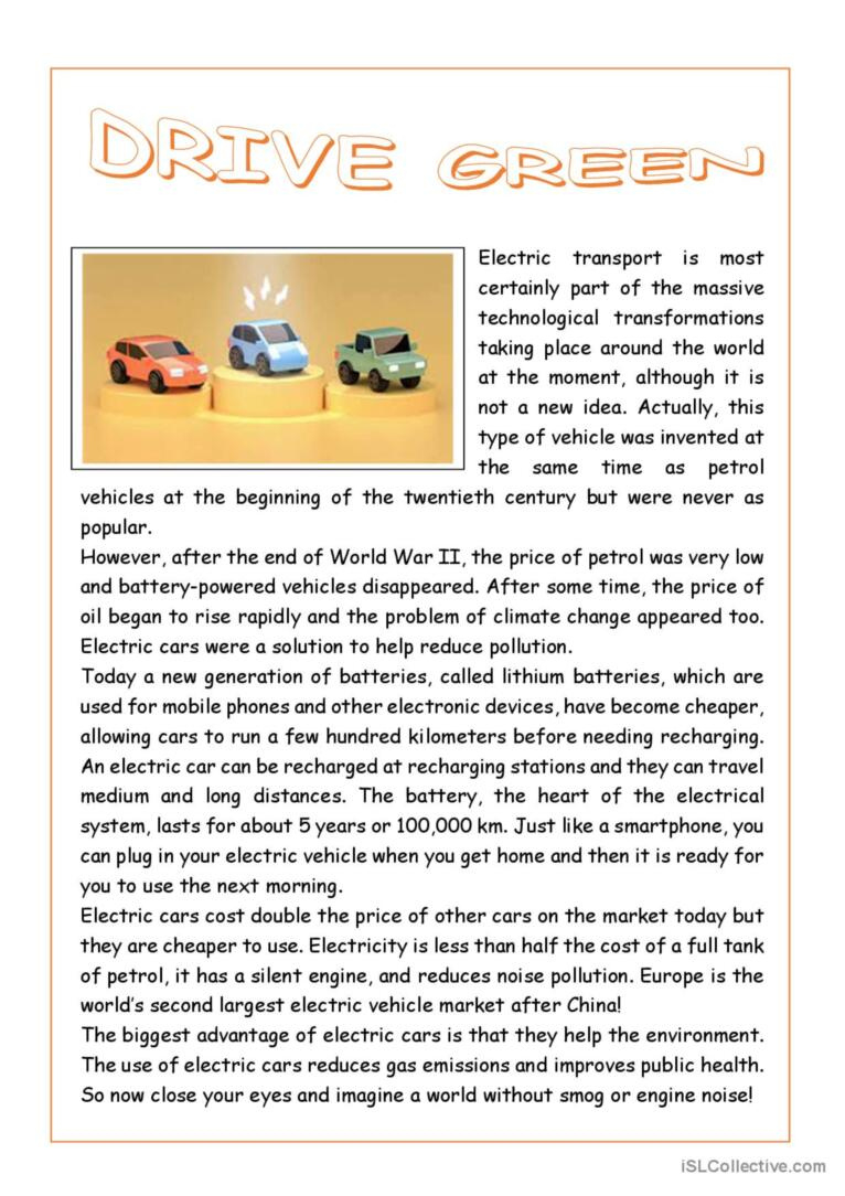 Drive Green - Reading Comprehension…: English Esl Worksheets Pdf &amp;amp; Doc inside Reading Comprehension Worksheets About Cars