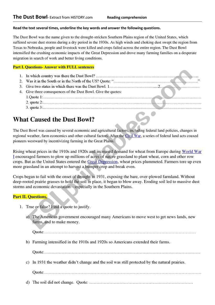 Dust Bowl Reading Comprehension - Esl Worksheetinesanoussah regarding Dust Bowl Reading Comprehension Worksheets