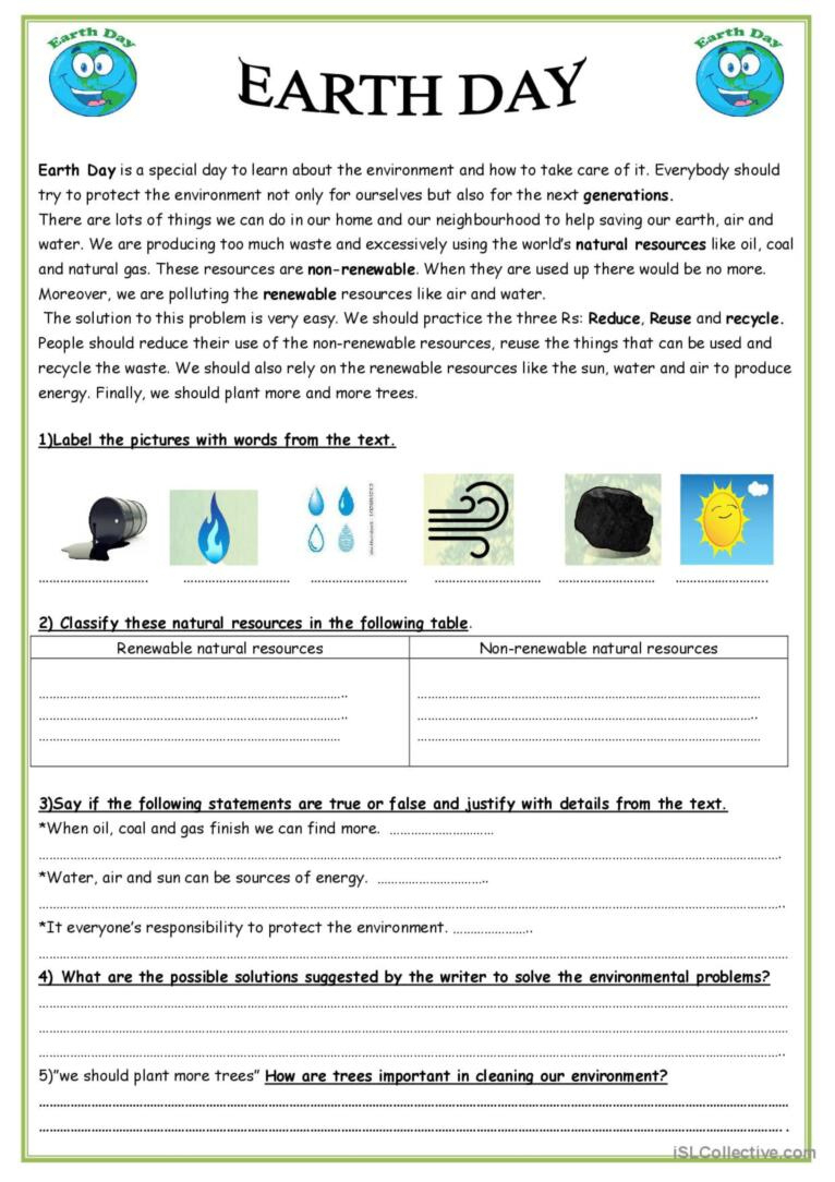 Earth Day Reading For Detail (Dee…: English Esl Worksheets Pdf &amp;amp; Doc within Natural Resources Reading Comprehension Worksheet