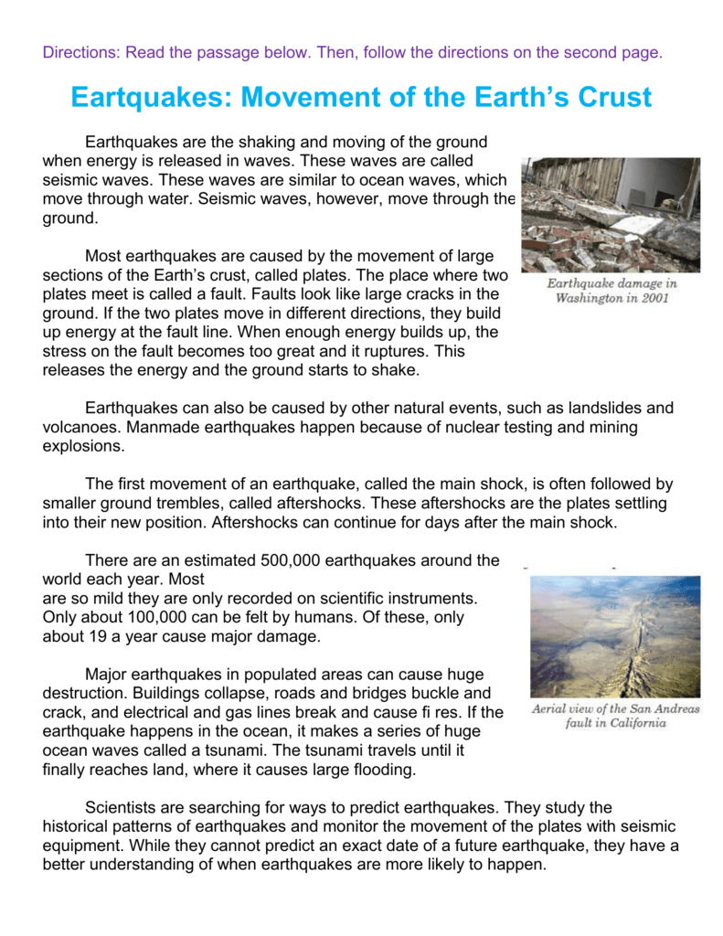 Earthquakes: Earth&amp;#039;S Crust Movement &amp;amp; Comprehension inside Earthquakes and Seismic Waves Reading Comprehension Worksheets