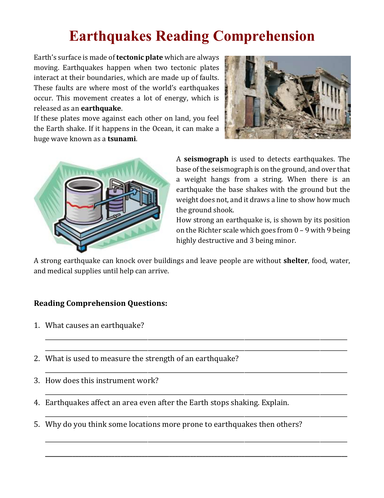 Earthquakes Reading Comprehension Worksheet intended for Earthquakes and Seismic Waves Reading Comprehension Worksheets