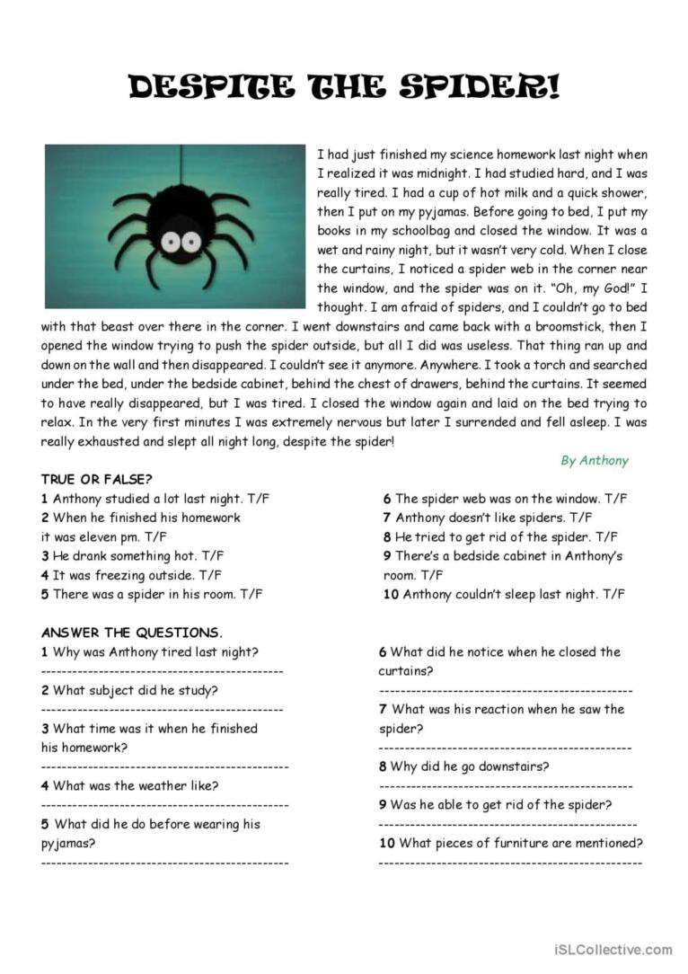 Easy Reading - Despite The Spider! F…: English Esl Worksheets Pdf with Spiders Esl Reading Comprehension Worksheets