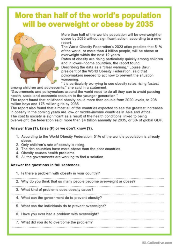 Health Problems Reading Comprehension Worksheets