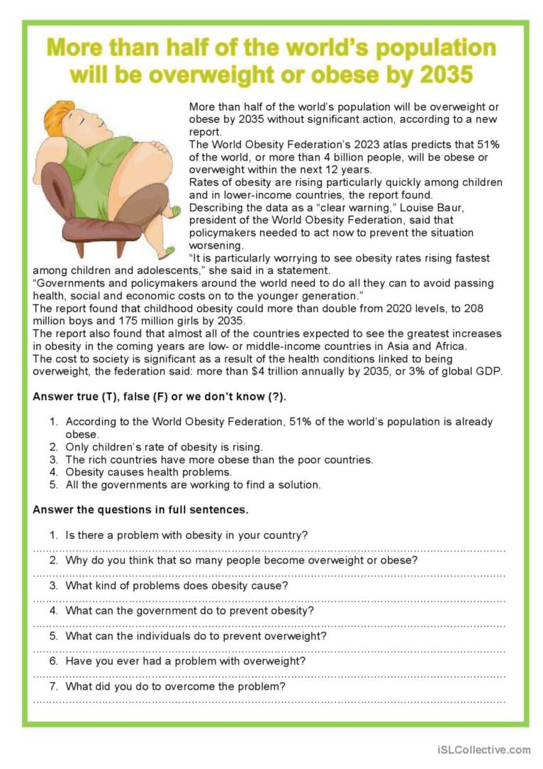 Easy Reading - Obesity General Readi…: English Esl Worksheets Pdf pertaining to Health Problems Reading Comprehension Worksheets