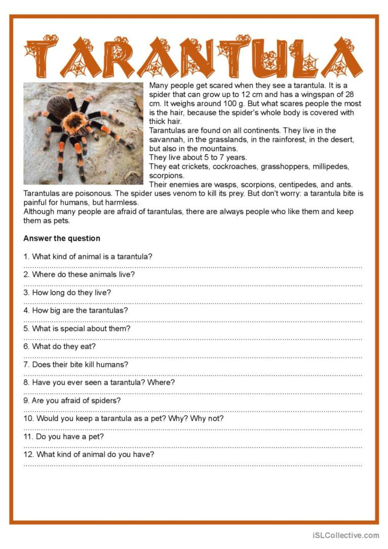 Easy Reading - Tarantula General Rea…: English Esl Worksheets Pdf within Spiders Esl Reading Comprehension Worksheets