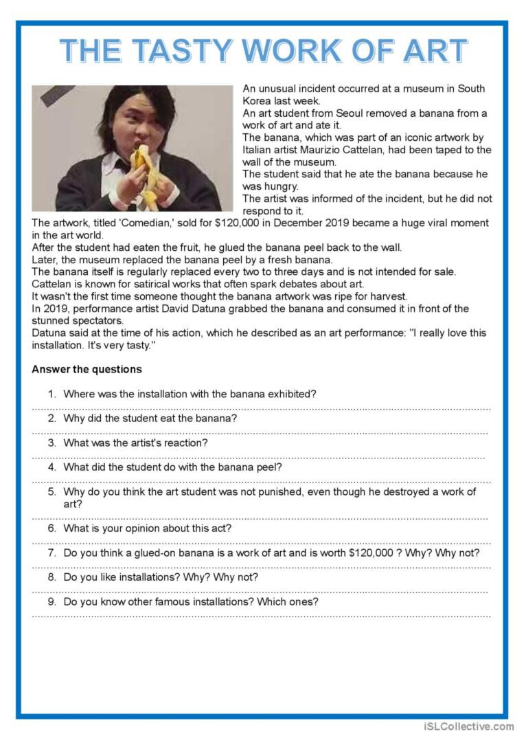 Easy Reading - The Tasty Work Of Art…: English Esl Worksheets Pdf pertaining to Reading Comprehension Worksheet B1