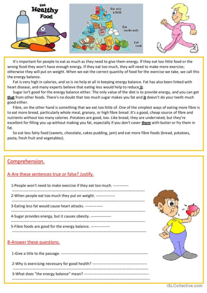 Reading Comprehension Worksheet About Food