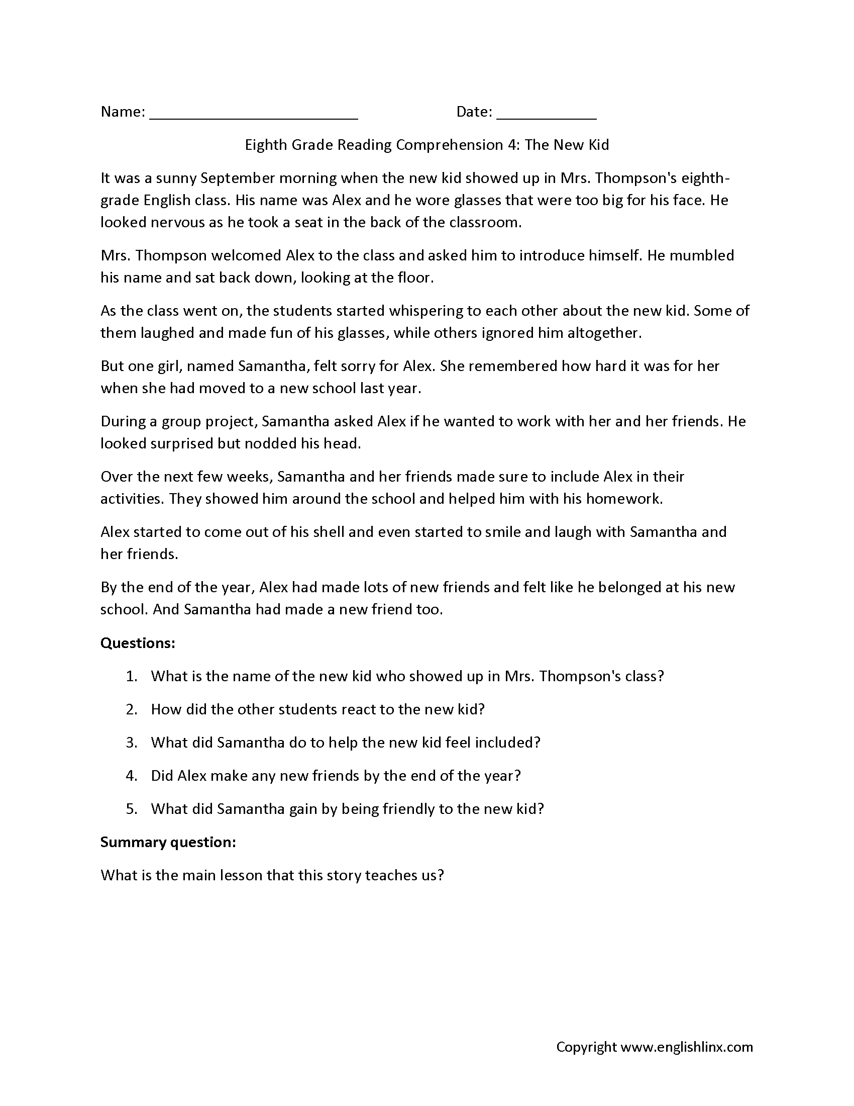 Eighth Grade Reading Comprehension Worksheets | Passages inside Year 8 Comprehension Worksheets