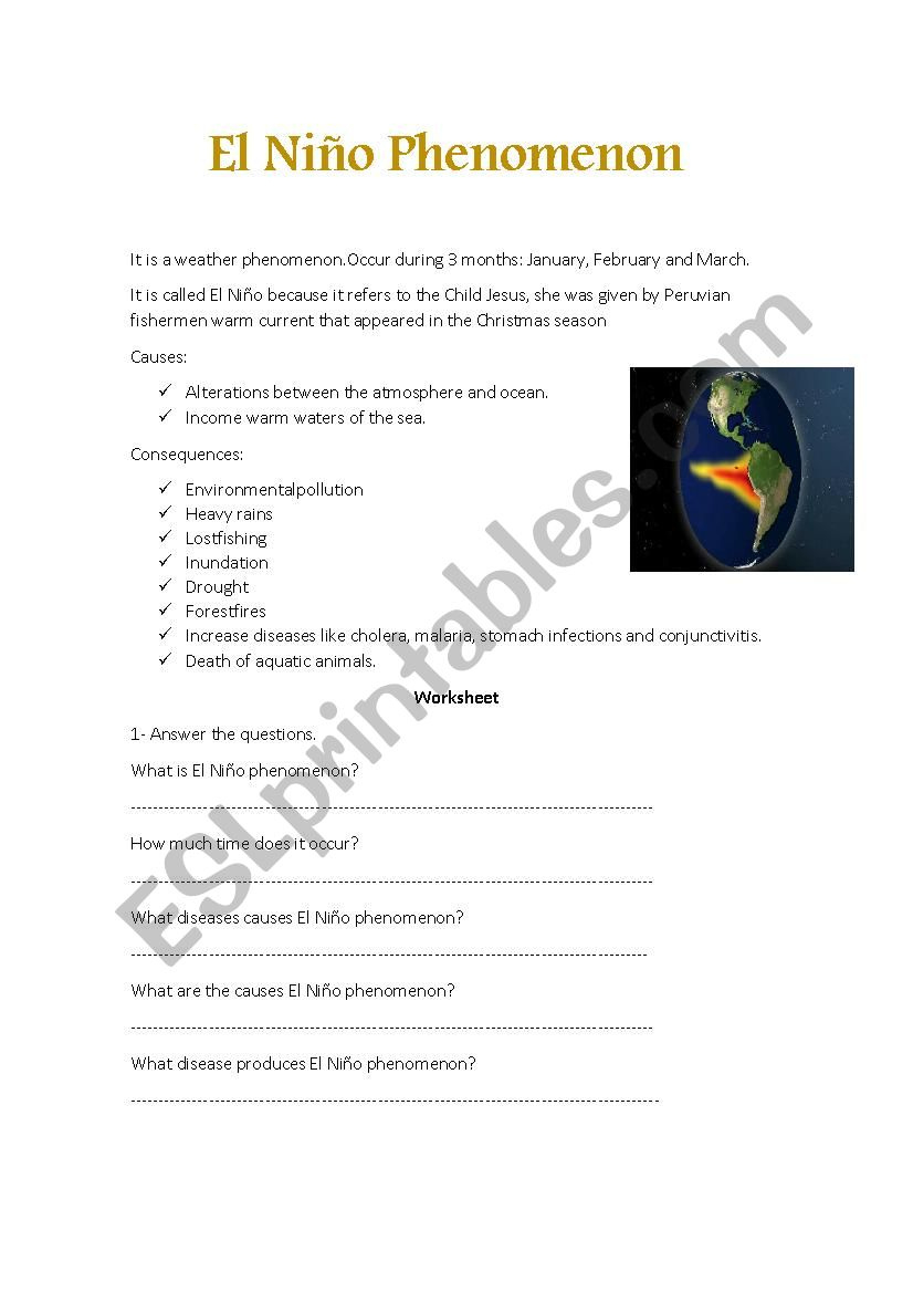 El Niño Phenomenon - Esl Worksheetolgabana inside El Nino Reading Comprehension Worksheet