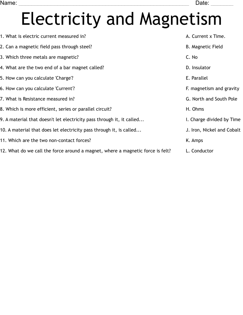 Electricity And Magnetism Worksheet - Wordmint intended for Reading Comprehension Worksheet Magnetism And Electricity Answer Key