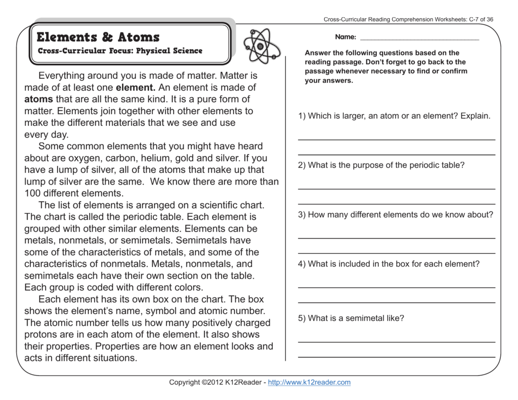 Elements &amp;amp; Atoms Worksheet: Reading Comprehension in Chemistry Reading Comprehension Worksheets