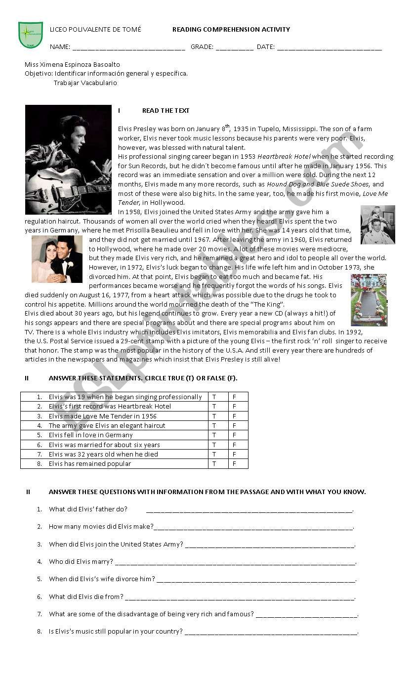 Elvis Presley Reading Comprehension - Esl Worksheetximena 14 with Elvis Presley Reading Comprehension Worksheet